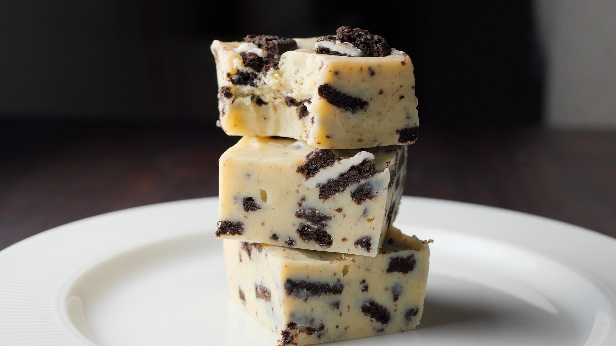 3 White Chocolate Oreo Fudge stacked on top of each other