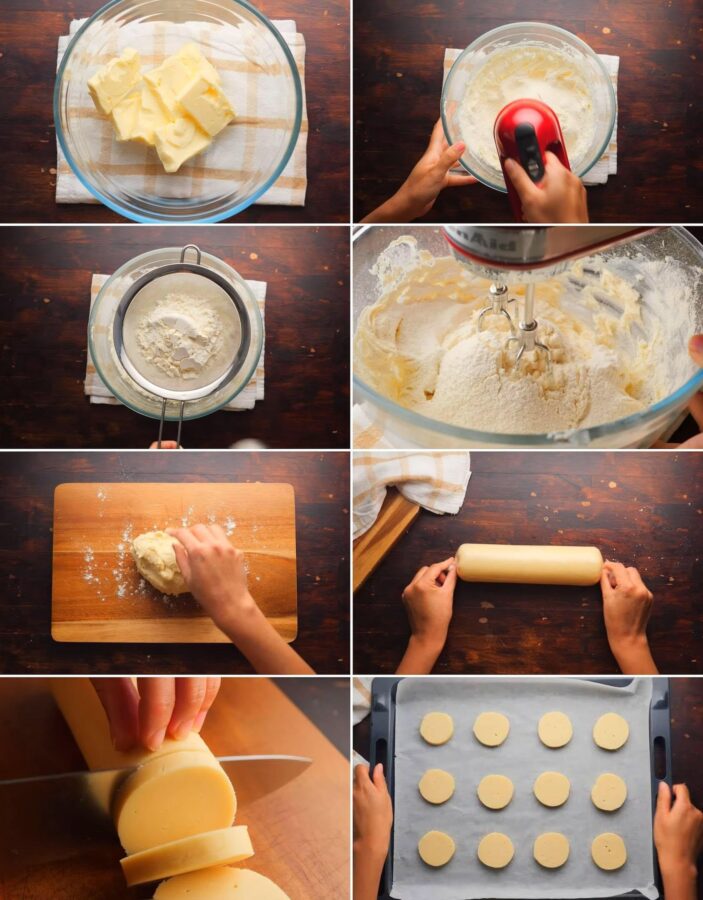 Step-by-step butter cookie dough preparation process.