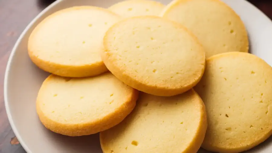 Plate of buttery, round butter cookies on display.