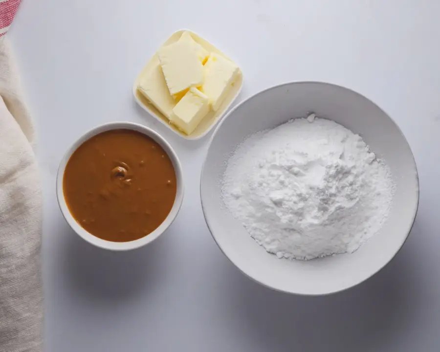 3 Ingredient Peanut Butter Fudge Ingredients on a kitchen surface