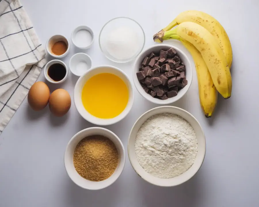 Chocolate Chunk Banana Bread Ingredients on a kitchen counter
