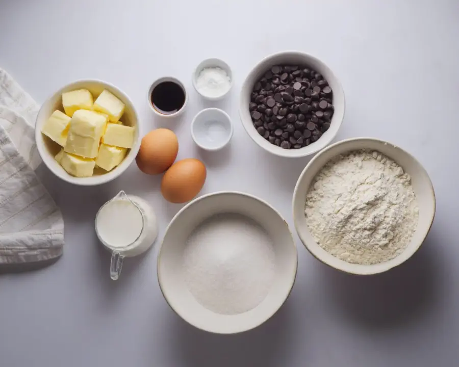 Chocolate Chip Loaf Cake Ingredients Placed on a kitchen counter