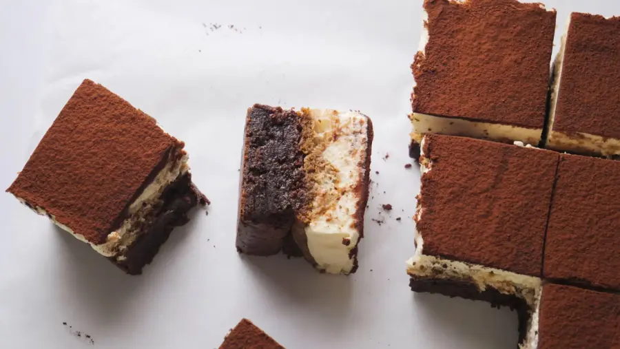 Tiramisu Brownies on a serving board