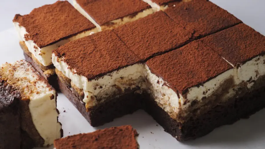 Tiramisu Brownies on a serving board