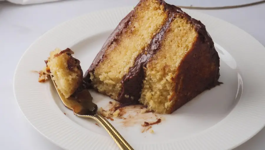 Vanilla Cake with Chocolate Frosting served on a serving plate