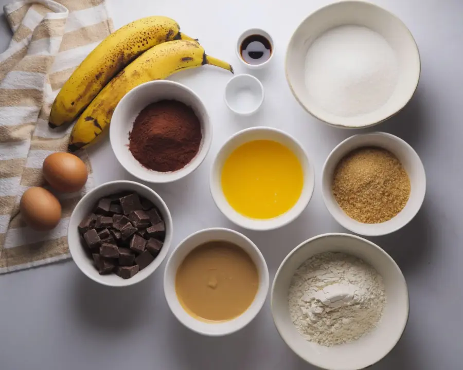 Peanut Butter Banana Brownies Ingredients on a kitchen counter