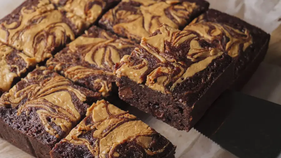 peanut butter banana brownies served on a serving board