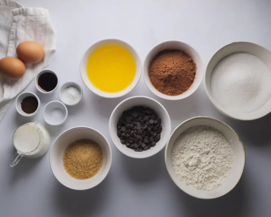 Chocolate Loaf Cake Ingredients placed on the kitchen counter