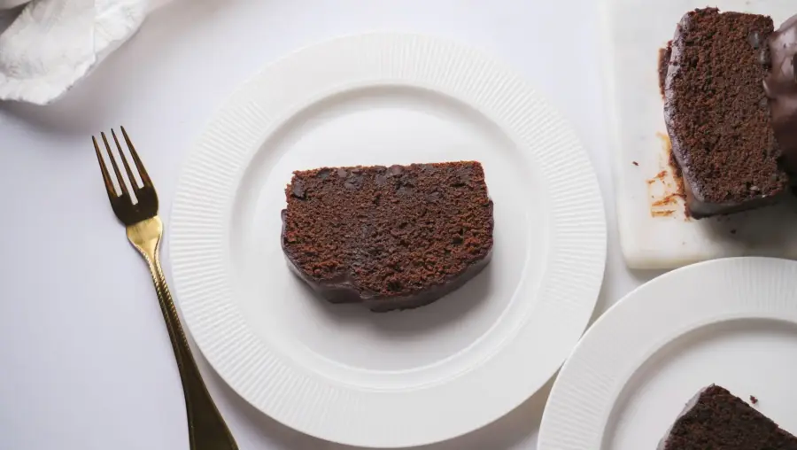 Chocolate Loaf Cake served on the serving plates with fork