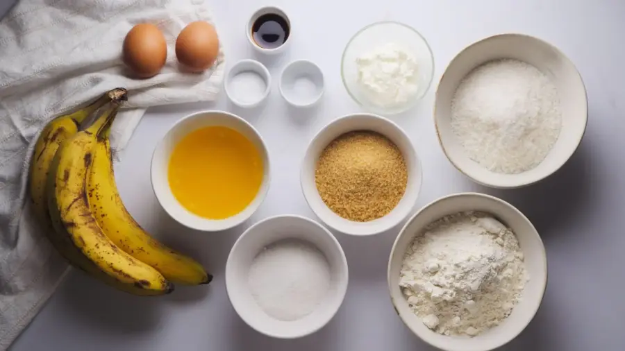 Coconut Banana Bread Ingredients on a white kitchen counter