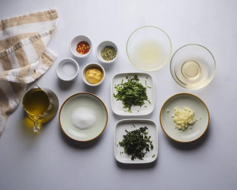 Italian Dressings Recipe ingredients arranged on a white surface for a recipe.