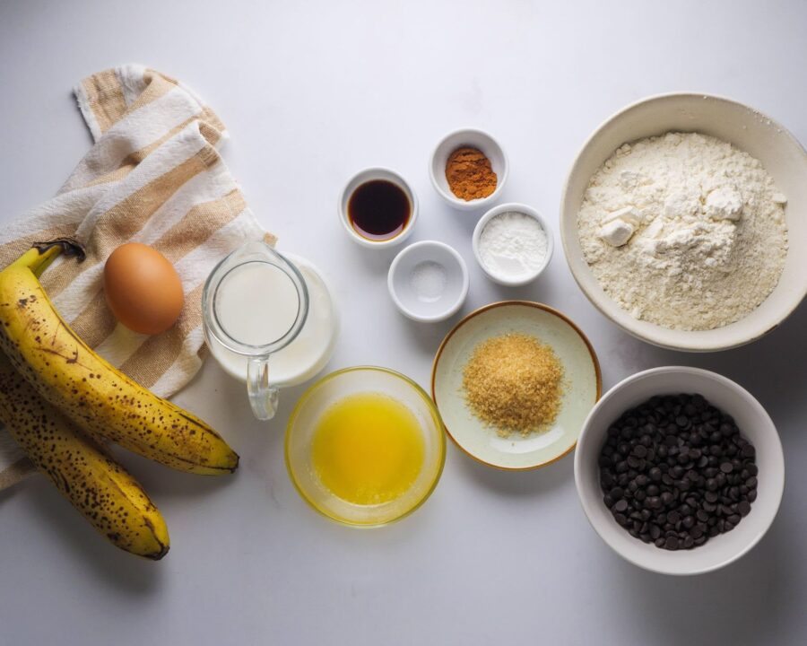 Banana Chocolate Chip Pancakes Ingredients on the kitchen counter