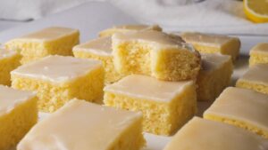 Lemon Brownie bars with icing, freshly baked and ready to serve.