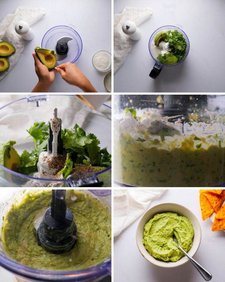 Making creamy avocado dip in a blender, step-by-step process.