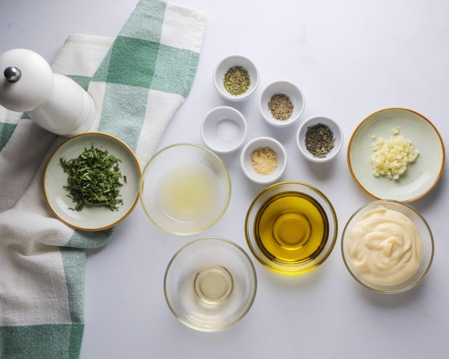 Creamy Italian Dressing Ingredients on a white kitchen counter