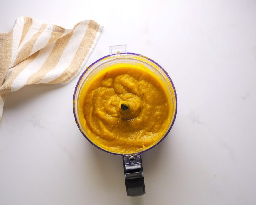 Pumpkin puree in food processor on white background.