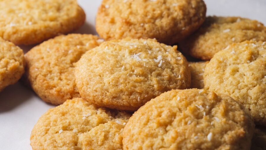 Best and easiest coconut cookies on a white background.
