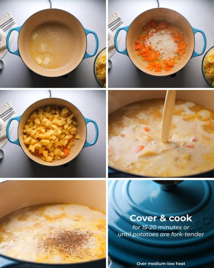 Cooking potato soup in a blue Dutch oven, step-by-step preparation.