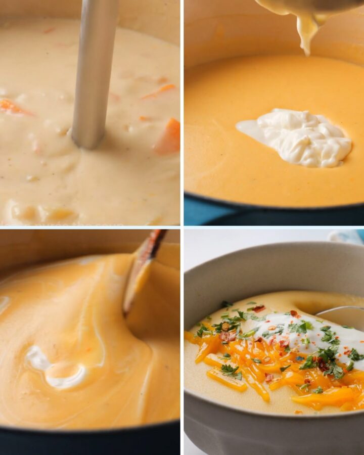 Creamy potato soup cooking process and finished dish.