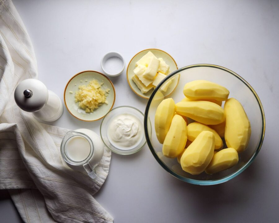 Mashed potato ingredients on a kitchen counter.