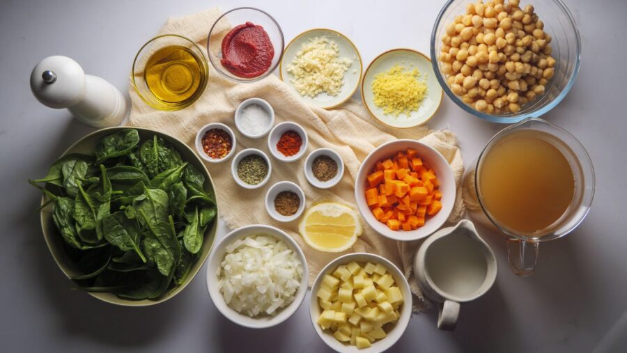 Fresh ingredients for a hearty chickpea and spinach soup.