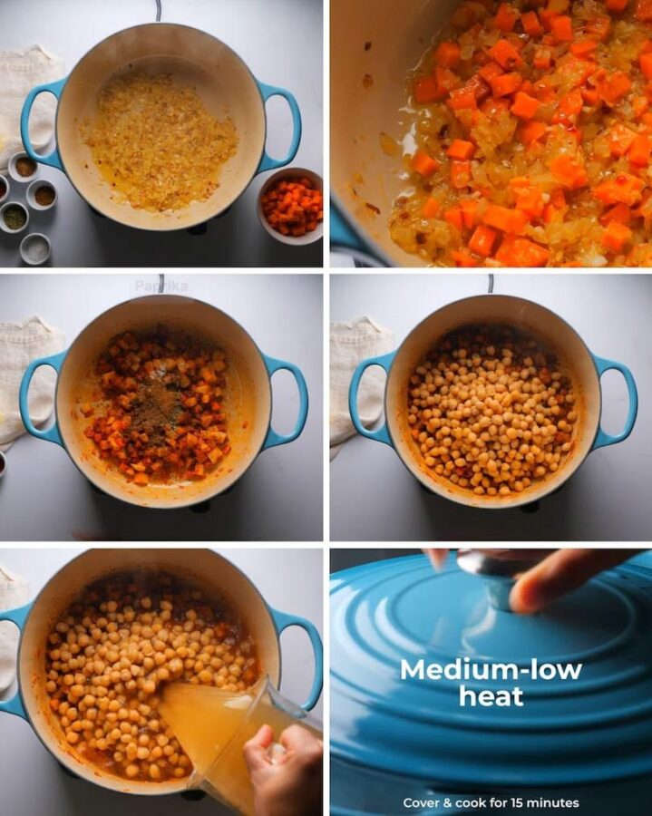 Making creamy chickpea soup with spinach and lemon.