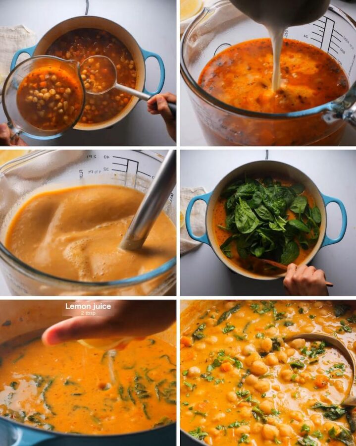 Making creamy chickpea soup with spinach and lemon.