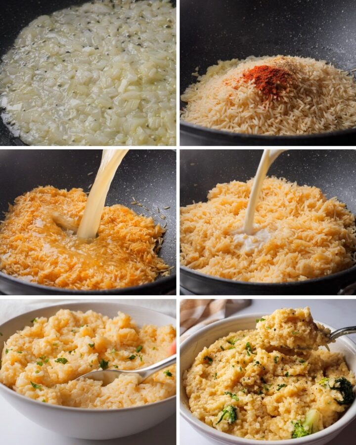 Cooking cheesy rice step by step in a skillet.