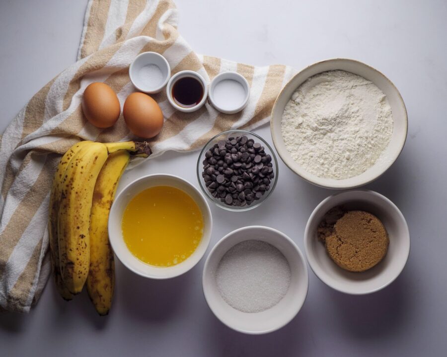 Baking ingredients for chocolate chip banana bread.