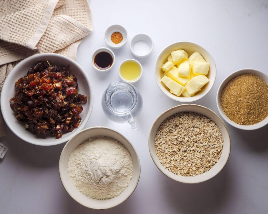 Ingredients For Date Bars on a white kitchen counter