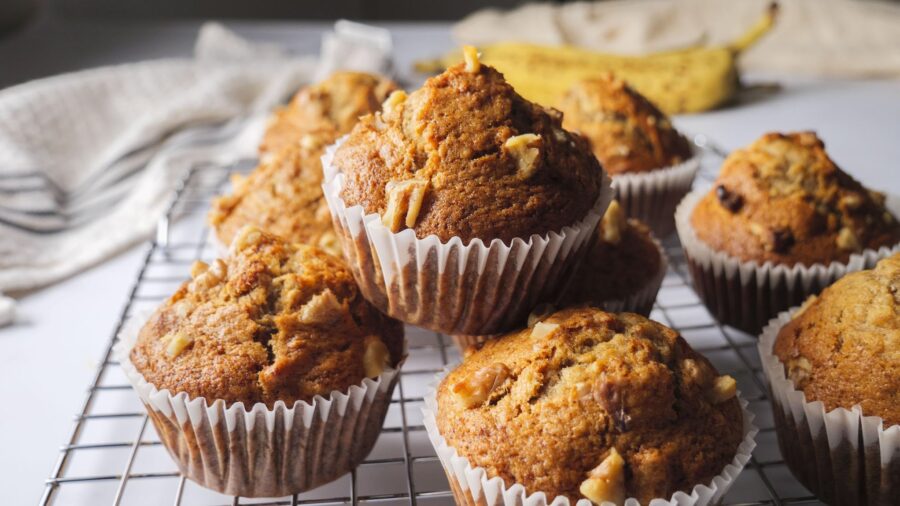 Easy Banana muffins cooling on a wire rack.