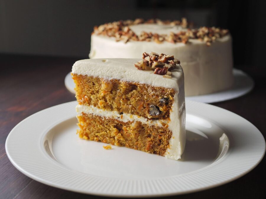 Delicious carrot cake topped with simple and creamy cream cheese frosting.