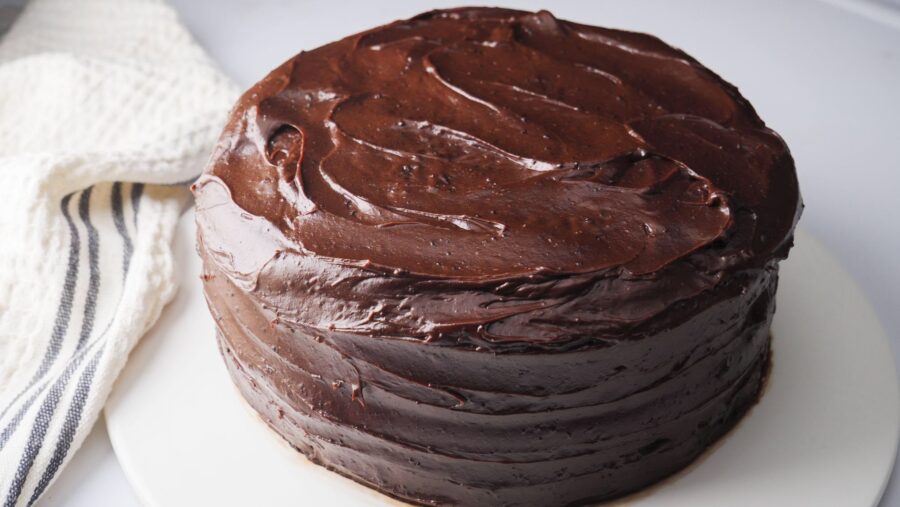 Rich chocolate cake with creamy chocolate fudge frosting on white plate
