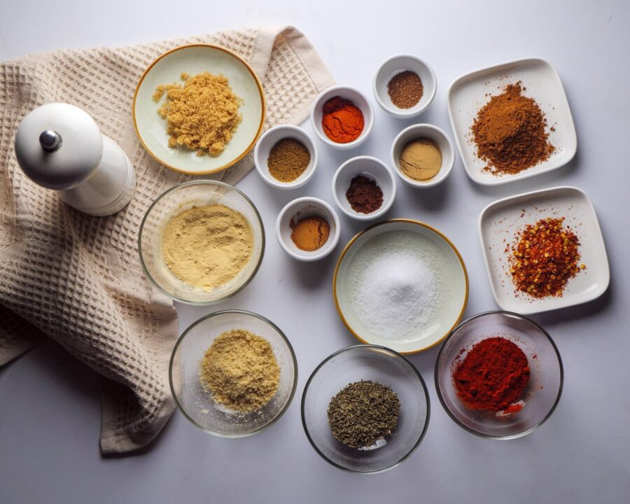 Various spices and seasonings for making dry jerk seasoning on a kitchen counter.
