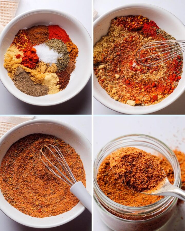 dry Jamaican jerk seasoning blend preparation process with a whisk and a jar.