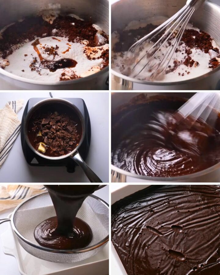 Making rich chocolate fudge frosting step-by-step process.