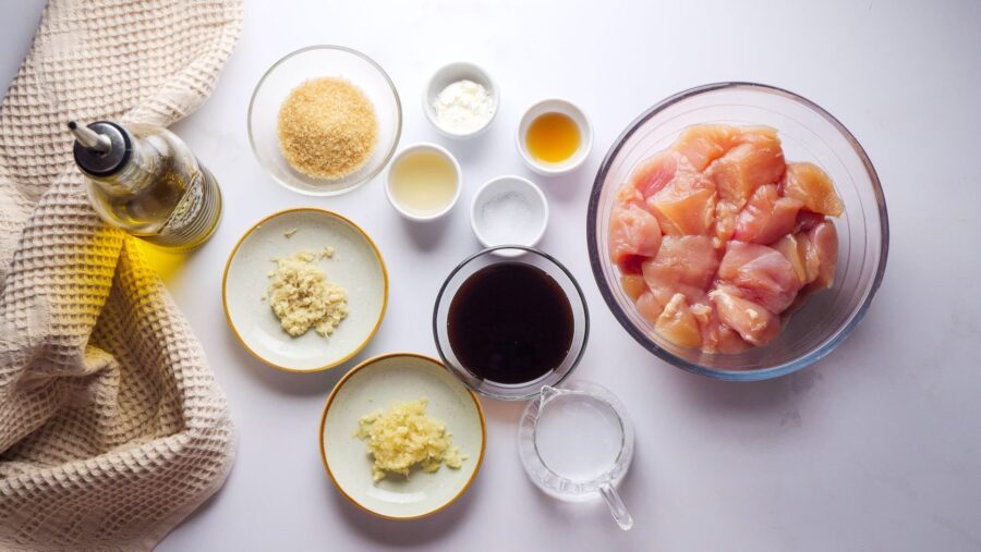 Chicken Teriyaki ingredients for marinade on a countertop.