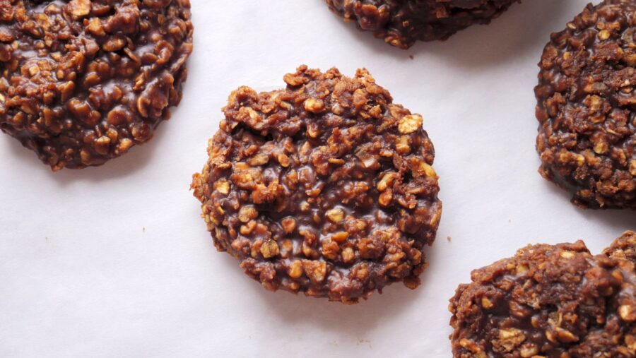 classic no bake cookies on parchment paper.