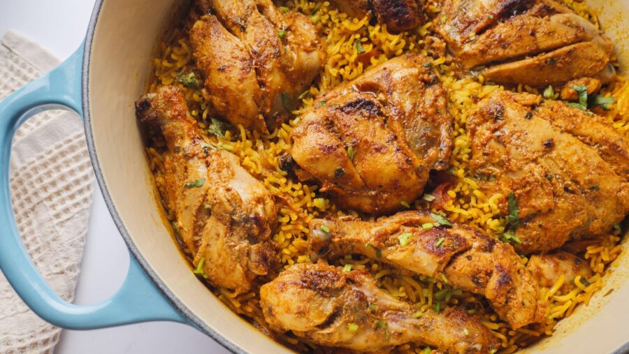 One Pan tandoori chicken and rice in a Dutch oven.