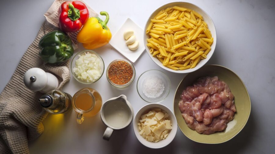 Rasta Pasta Recipe Ingredients placed on a white kitchen counter