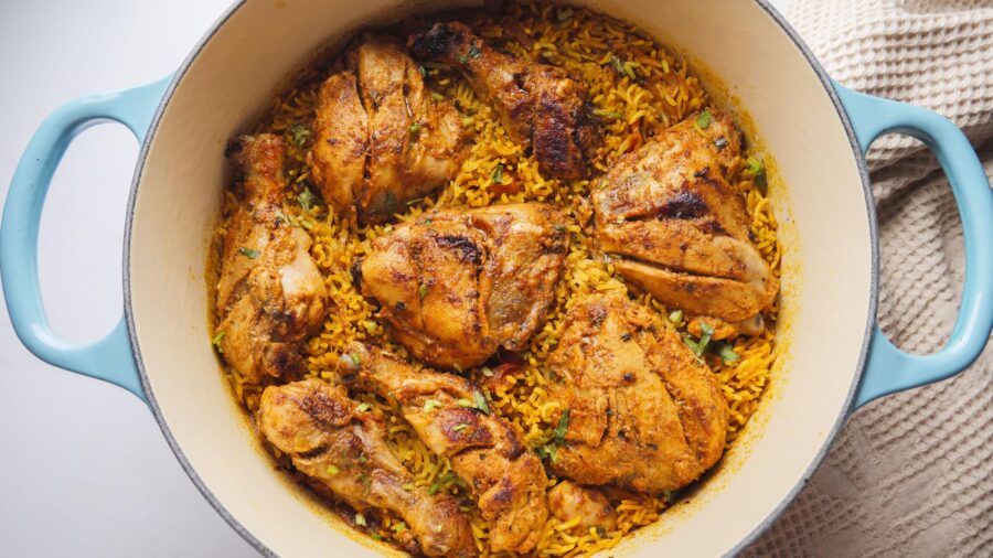 Easy tandoori chicken and rice cooked in a Dutch oven.