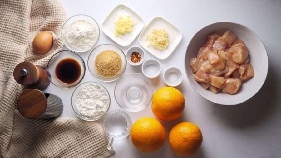 orange chicken recipe ingredients on the kitchen countertop.