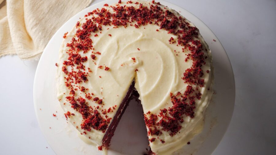 Delicious red velvet cake with cream cheese frosting.