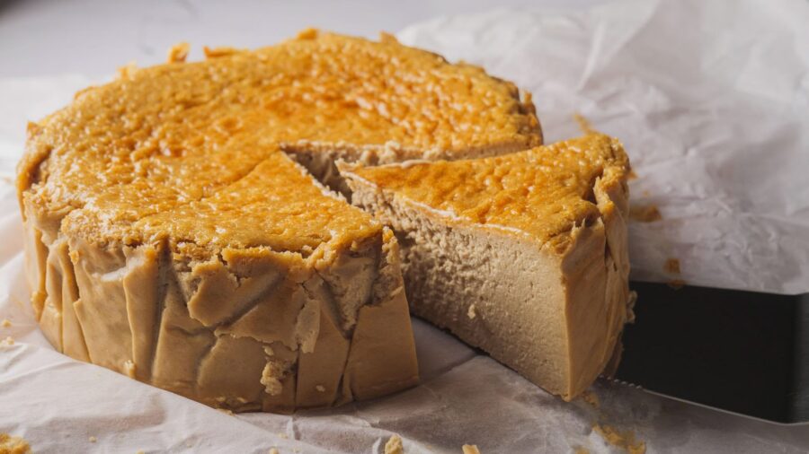 Crustless coffee Cheesecake slice on a knife