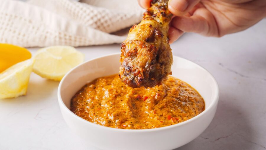 Chicken drumstick dipped in spicy peri peri sauce.