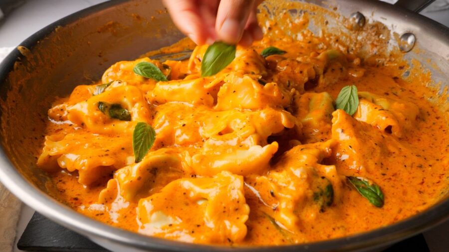 Creamy Tortellini Pasta with Ricotta & Spinach in a pan