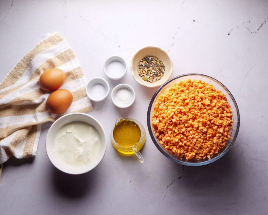 ingredints for Red Lentil Bread placed on a white kitchen counter