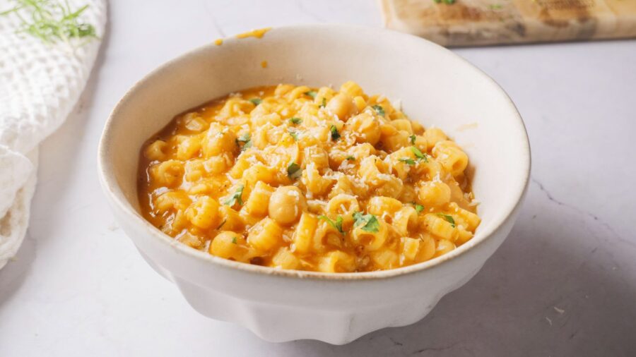pasta with chickpeas in a bowl